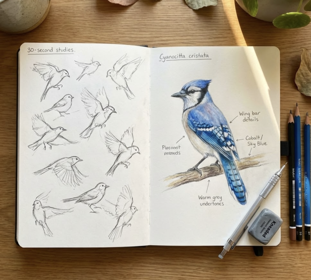 Colored-pencil blue jay illustration in open sketchbook with bird thumbnails and pencils on wooden desk