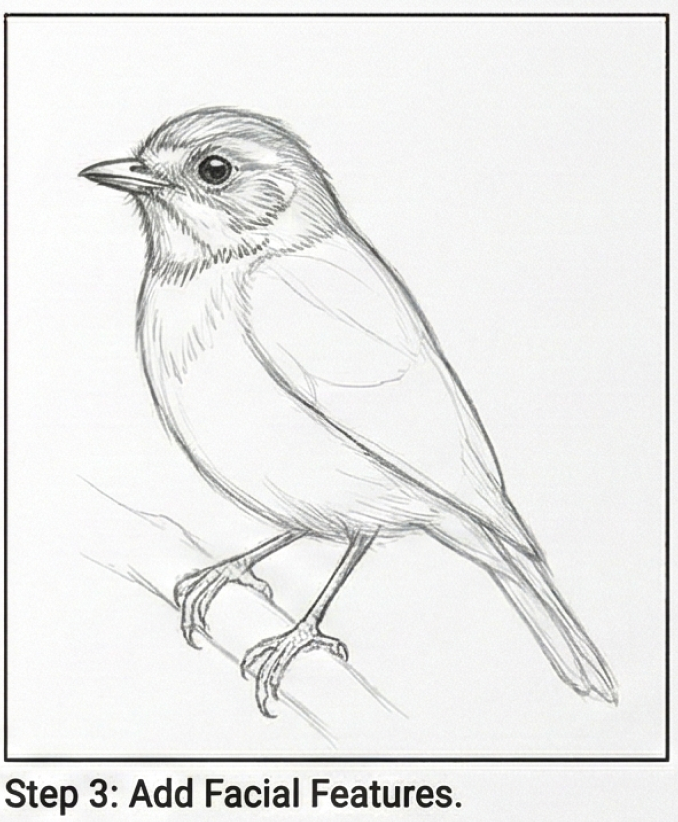Bird drawing tutorial: pencil sketch of a songbird perched on a branch, step 3 adding facial features