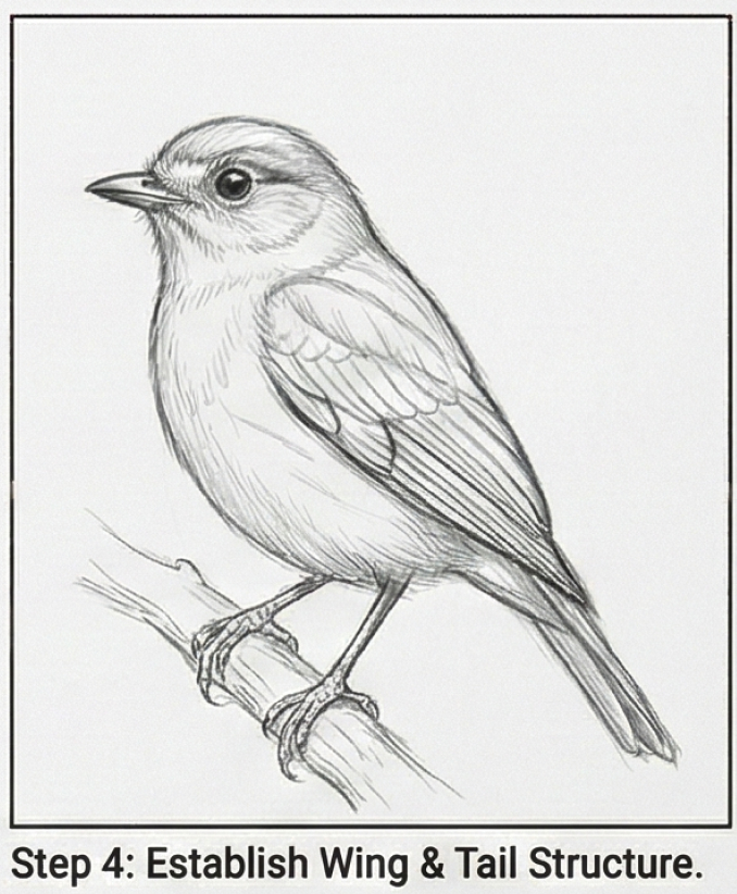 Pencil sketch bird drawing tutorial: small songbird perched on branch showing wing and tail structure (Step 4)