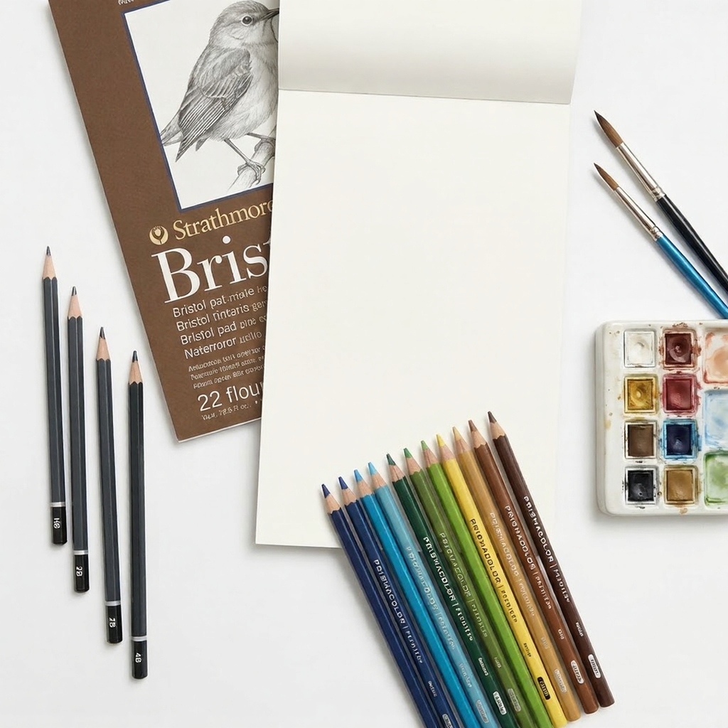Art supplies flatlay: Strathmore Bristol sketchpad, blank page, colored and graphite pencils, watercolor palette and brushes