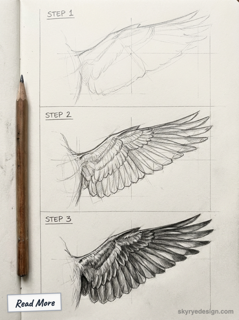 Pencil sketch step-by-step tutorial of a realistic feathered wing in three stages on paper, pencil at left.