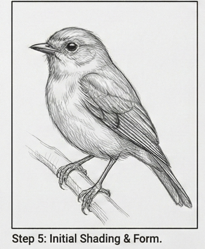 Bird drawing tutorial: pencil sketch of small songbird on branch, step 5 showing initial shading and form