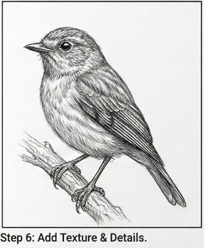 Detailed pencil sketch of a small songbird perched on a branch, textured feathers and fine line shading.