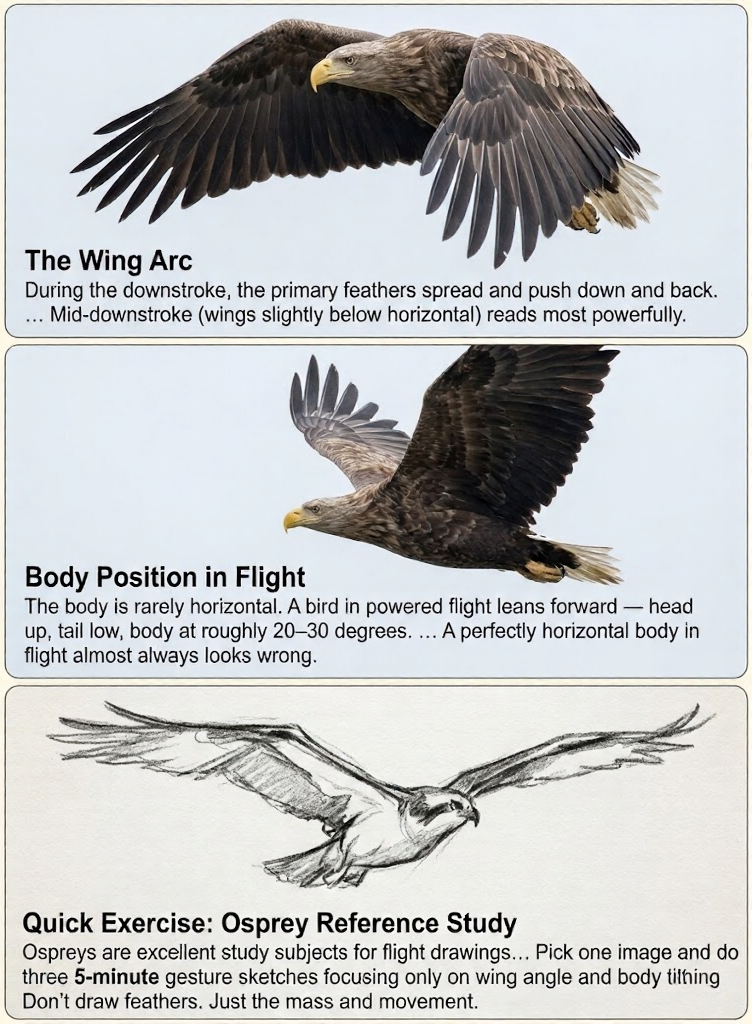 Diagram of a bird of prey in flight showing wing arc, body position, and an osprey reference sketch