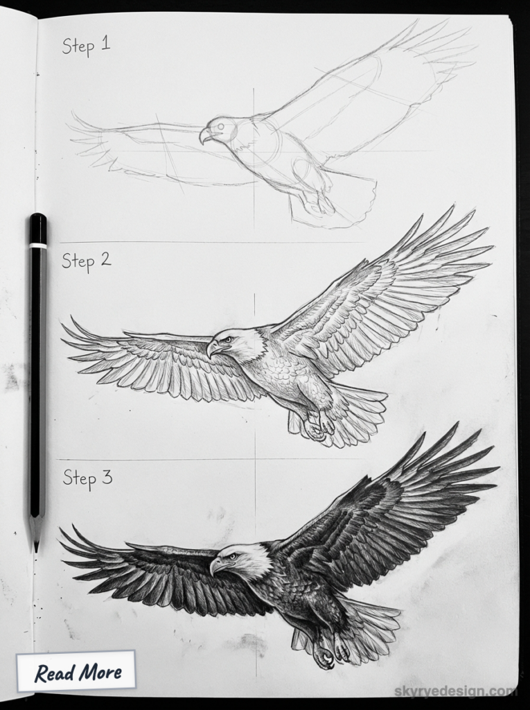 Three-step pencil sketch tutorial showing how to draw a flying bald eagle on a sketchbook page with pencil