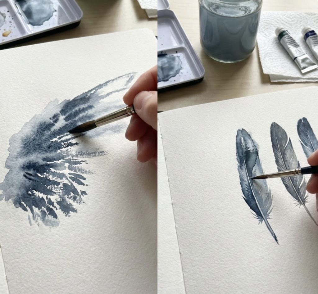 Artist painting blue-gray watercolor feathers with brush on textured paper, palette, water jar and paint tubes nearby