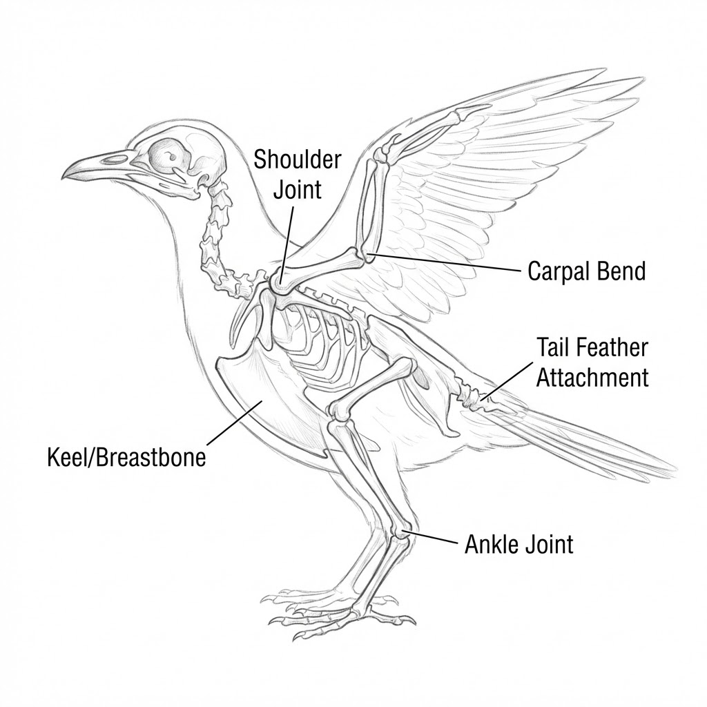 Labeled bird skeleton diagram showing shoulder joint, carpal bend, keel, ankle and tail feather attachment