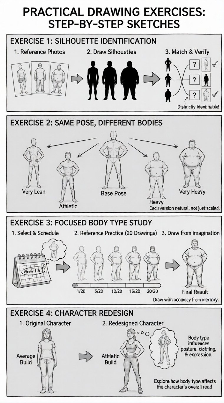 body-exersice Infographic: step-by-step drawing exercises for silhouette ID, same-pose different bodies, focused body-type study, and character redesign. | Sky Rye Design Infographic: step-by-step drawing exercises for silhouette ID, same-pose different bodies, focused body-type study, and character redesign.