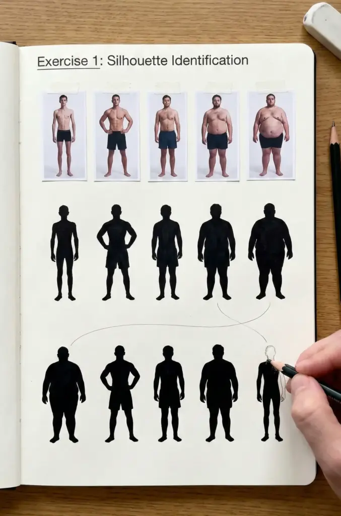 body-type-12 Sketchbook page Exercise 1: Silhouette Identification showing five male body type photos, matching black silhouettes and a hand sketching | Sky Rye Design Sketchbook page Exercise 1: Silhouette Identification showing five male body type photos, matching black silhouettes and a hand sketching