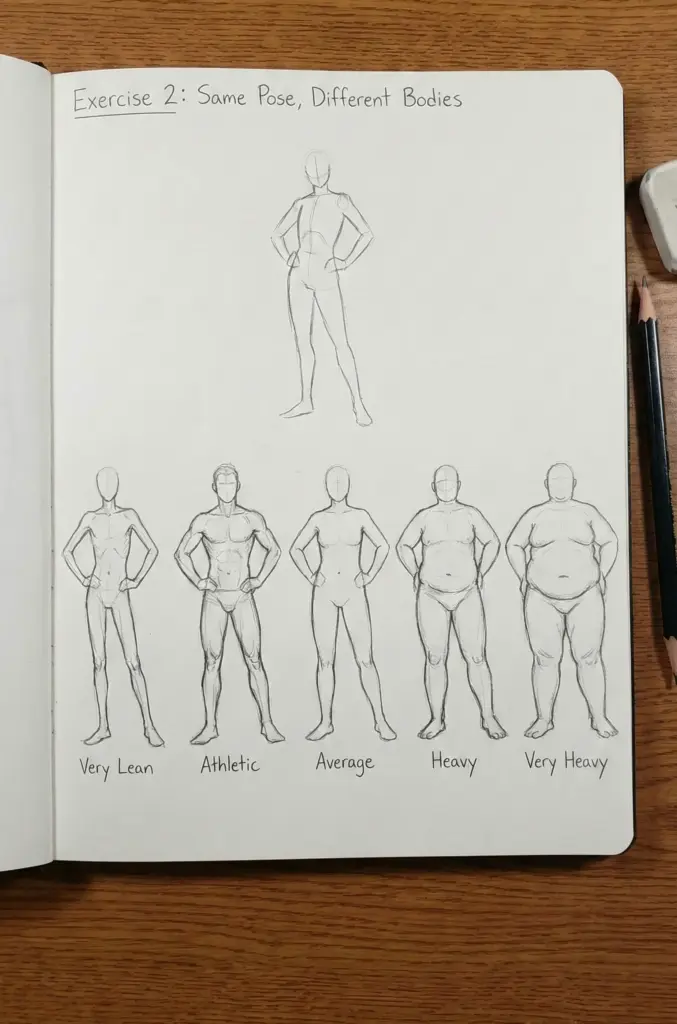 body-type-13 Sketchbook page titled 'Same Pose, Different Bodies' showing five figure drawings (very lean, athletic, average, heavy, very heavy) and pencils | Sky Rye Design Sketchbook page titled 'Same Pose, Different Bodies' showing five figure drawings (very lean, athletic, average, heavy, very heavy) and pencils