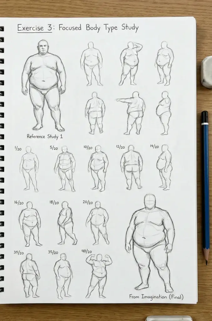 body-type-14 Sketchbook page: pencil body-type study with multiple plus-size male figure sketches and a final full-body imaginative drawing | Sky Rye Design Sketchbook page: pencil body-type study with multiple plus-size male figure sketches and a final full-body imaginative drawing