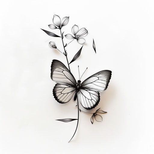 Black and white sketch of a butterfly sitting on a delicate flower branch, with intricate details and subtle shading.