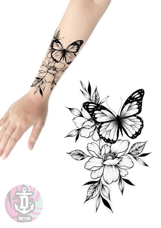 Tattoo design featuring a butterfly and flowers on an arm, showcasing intricate black ink detailing and artistry.