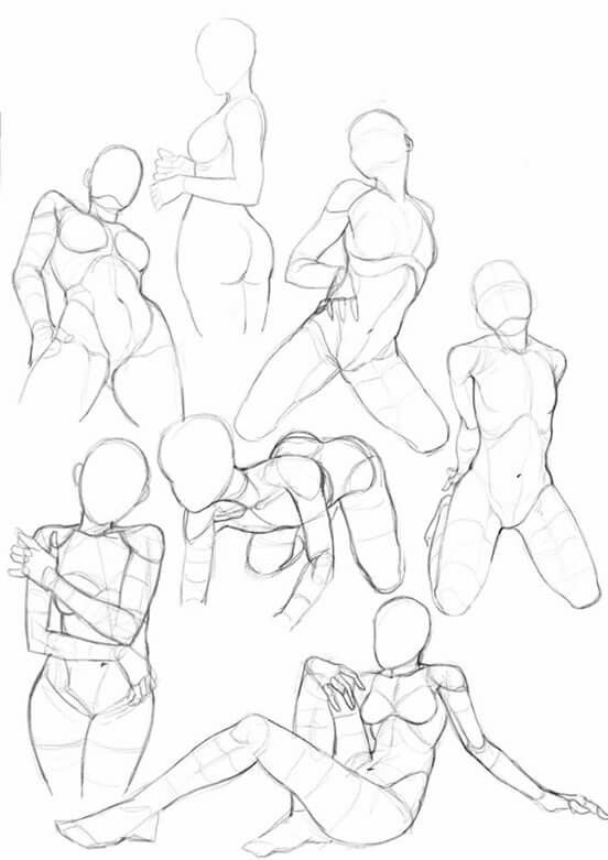 Sketches of female figure drawing poses, featuring nine different dynamic and relaxed full-body stances for artists.