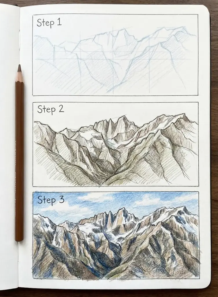 Sketchbook mountain drawing tutorial showing three steps: pencil guidelines, shaded linework, and colored final alpine landscape, pencil at side.