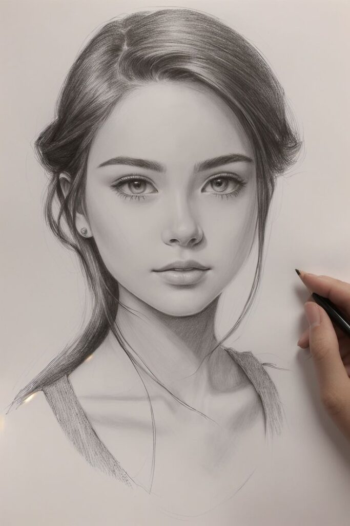 Detailed pencil sketch of a young woman with realistic features, drawn by an artist holding a pencil.