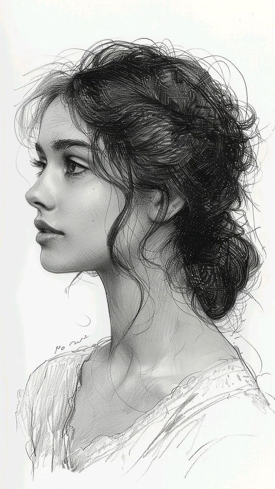 Pencil sketch of a young woman in profile view, with detailed hair and facial features, expressing a serene and thoughtful look.