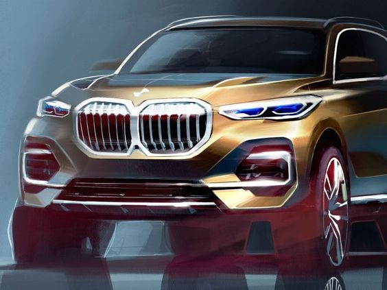 Artistic rendering of a luxury SUV, showcasing modern design, bold grille, and sleek headlights.