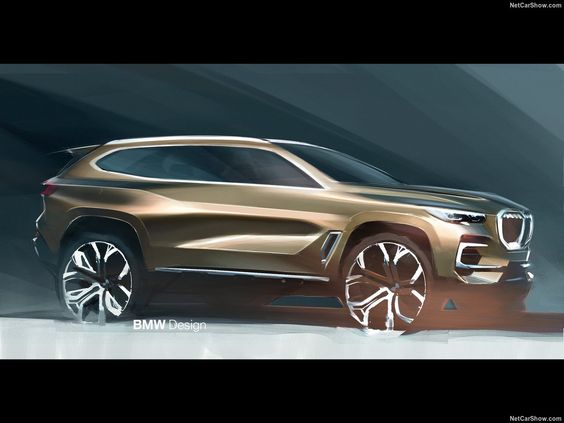 BMW Design concept sketch showcasing a sleek, modern SUV with futuristic aesthetics and bold wheel design.