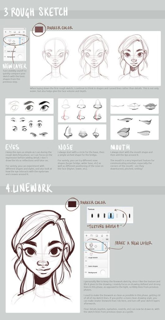 Step-by-step tutorial for creating rough sketches and linework in digital art, focusing on eyes, nose, and mouth details.