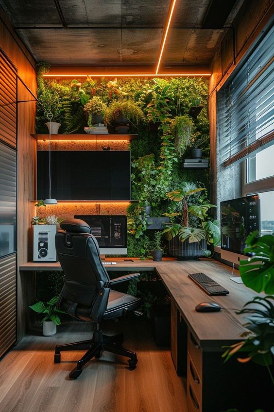 Modern home office with lush green wall, ergonomic chair, dual monitors, and ambient lighting. Perfect blend of nature and tech.