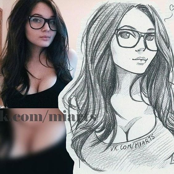 A woman with glasses beside a sketch of her likeness, both wearing a black top.