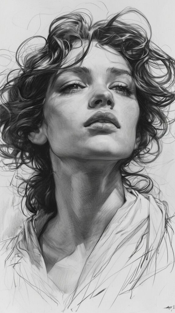 Detailed pencil sketch of a woman with curly hair looking up, showcasing expressive facial features and lifelike details.