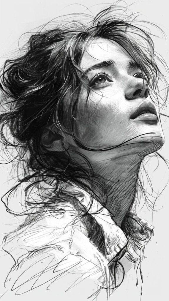 Black and white sketch of a woman looking up, with detailed hair and delicate facial features; artistic portrait illustration.