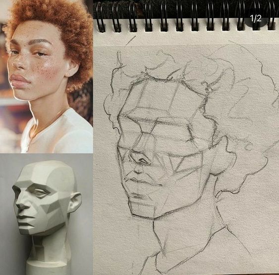 Three images: a person with freckles, a geometric head sculpture, a sketch of the person's face using geometric shapes.