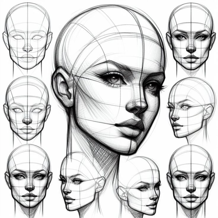 Sketch of female faces with construction lines, showing different angles and stages in the drawing process for portrait practice.