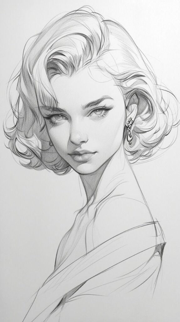 Elegant pencil sketch of a woman with short wavy hair and earrings, capturing a classic and sophisticated look.