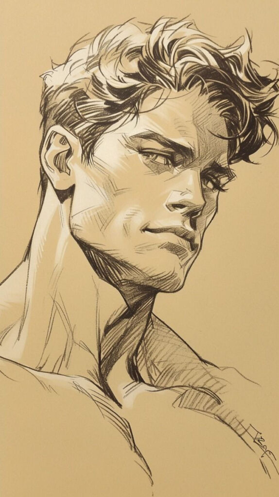 Detailed pencil sketch of a muscular man with styled hair and a chiseled jawline, set against a beige background.