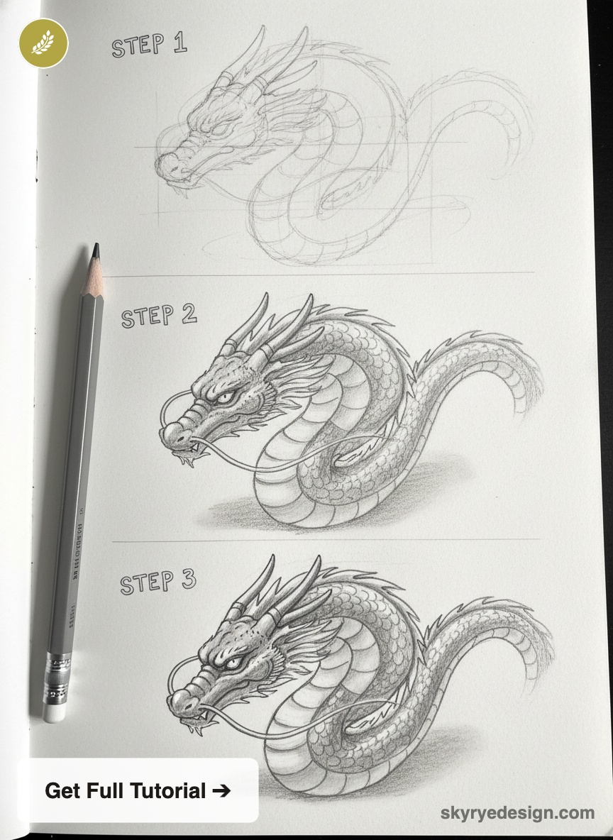 Sketchbook showing step-by-step pencil dragon drawing in three stages with graphite pencil and tutorial button.