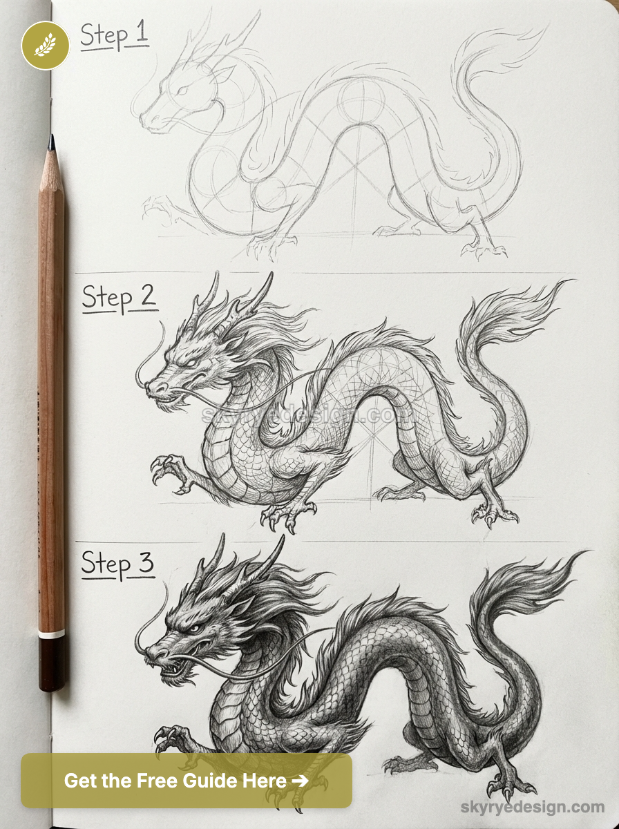 Pencil sketch step-by-step dragon drawing tutorial in a sketchbook showing Step 1, 2, 3 with pencil at left.