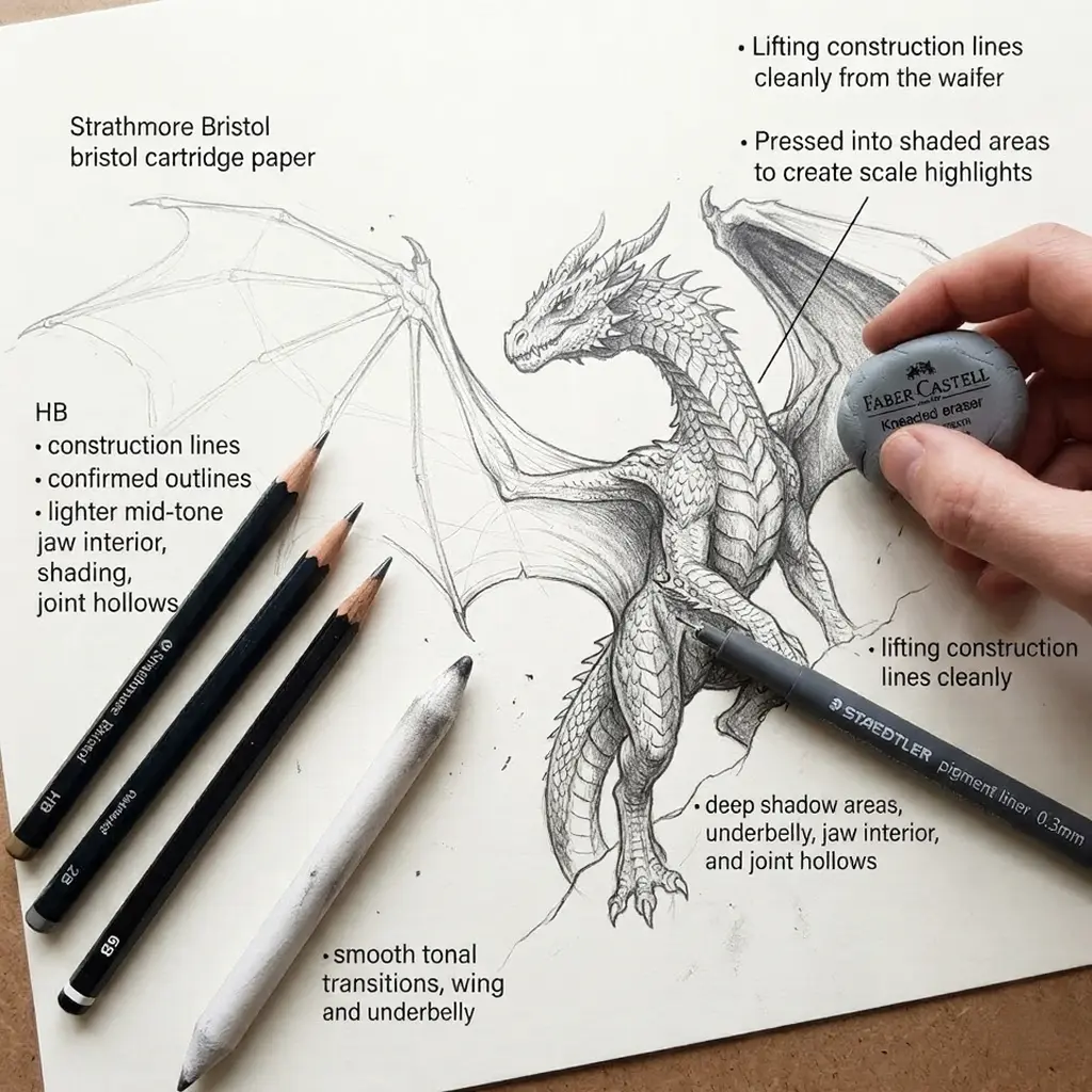 Detailed pencil dragon sketch on Bristol paper with shading tools: pencils, kneaded eraser, blending stump and fineliner.