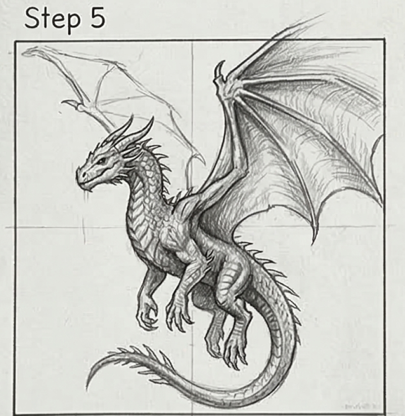 Dragon drawing tutorial Step 5: pencil sketch of realistic flying dragon with spread wings on a grid.