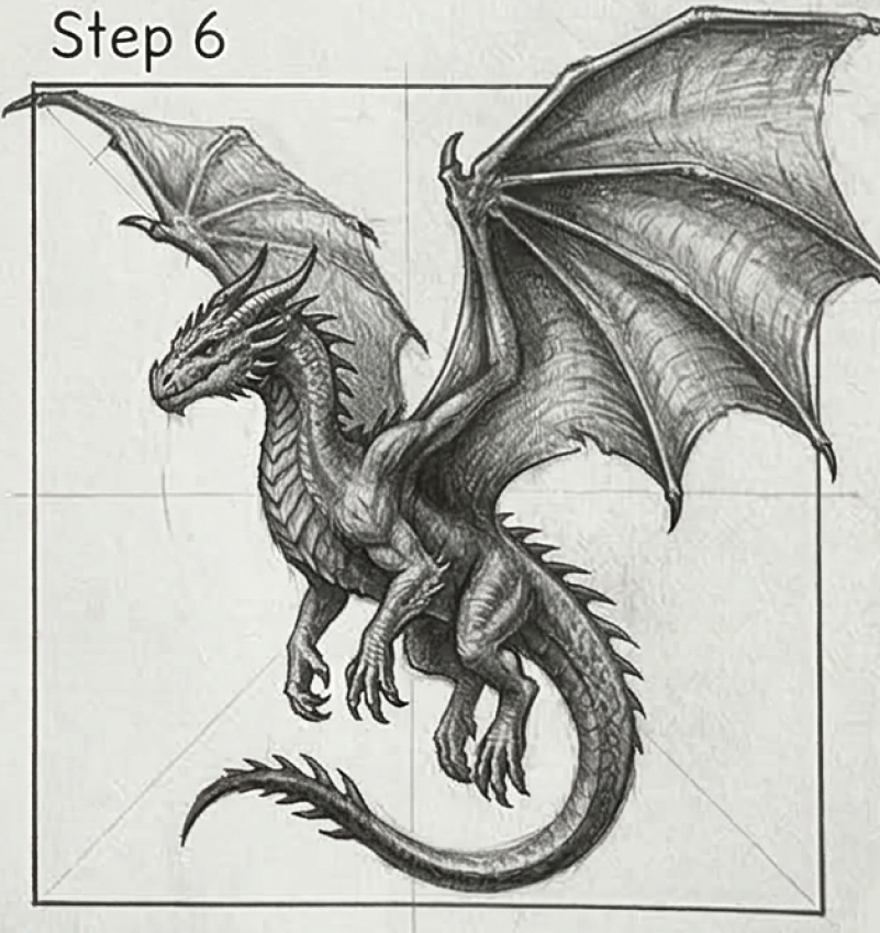 Step 6: detailed pencil sketch of a flying dragon with outstretched wings, textured scales and curled tail — drawing tutorial