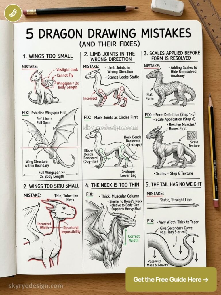 Infographic: 5 dragon drawing mistakes and fixes — sketches and tips for wings, limbs, neck, scales and tail.