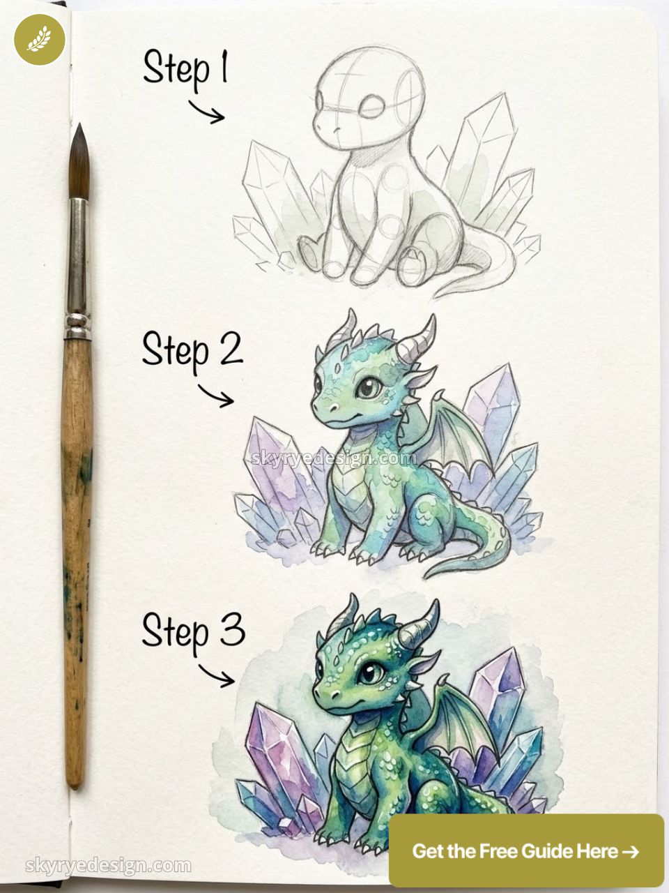 Watercolor step-by-step dragon tutorial: pencil sketch to colored green baby dragon with crystals and paintbrush