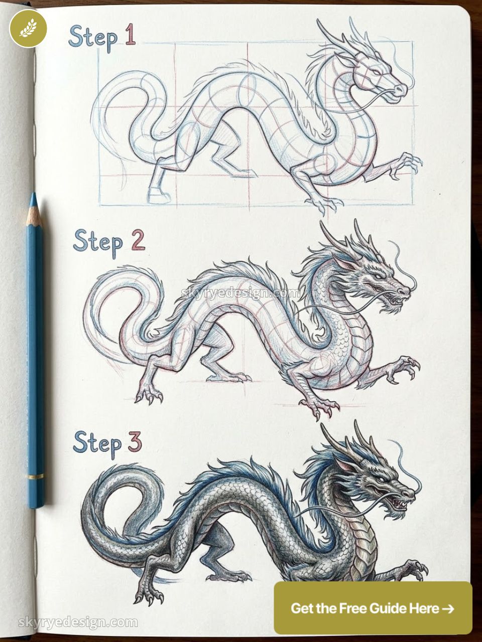 Step-by-step pencil dragon drawing tutorial: three stages showing rough sketch, refined linework, and detailed shaded finished dragon