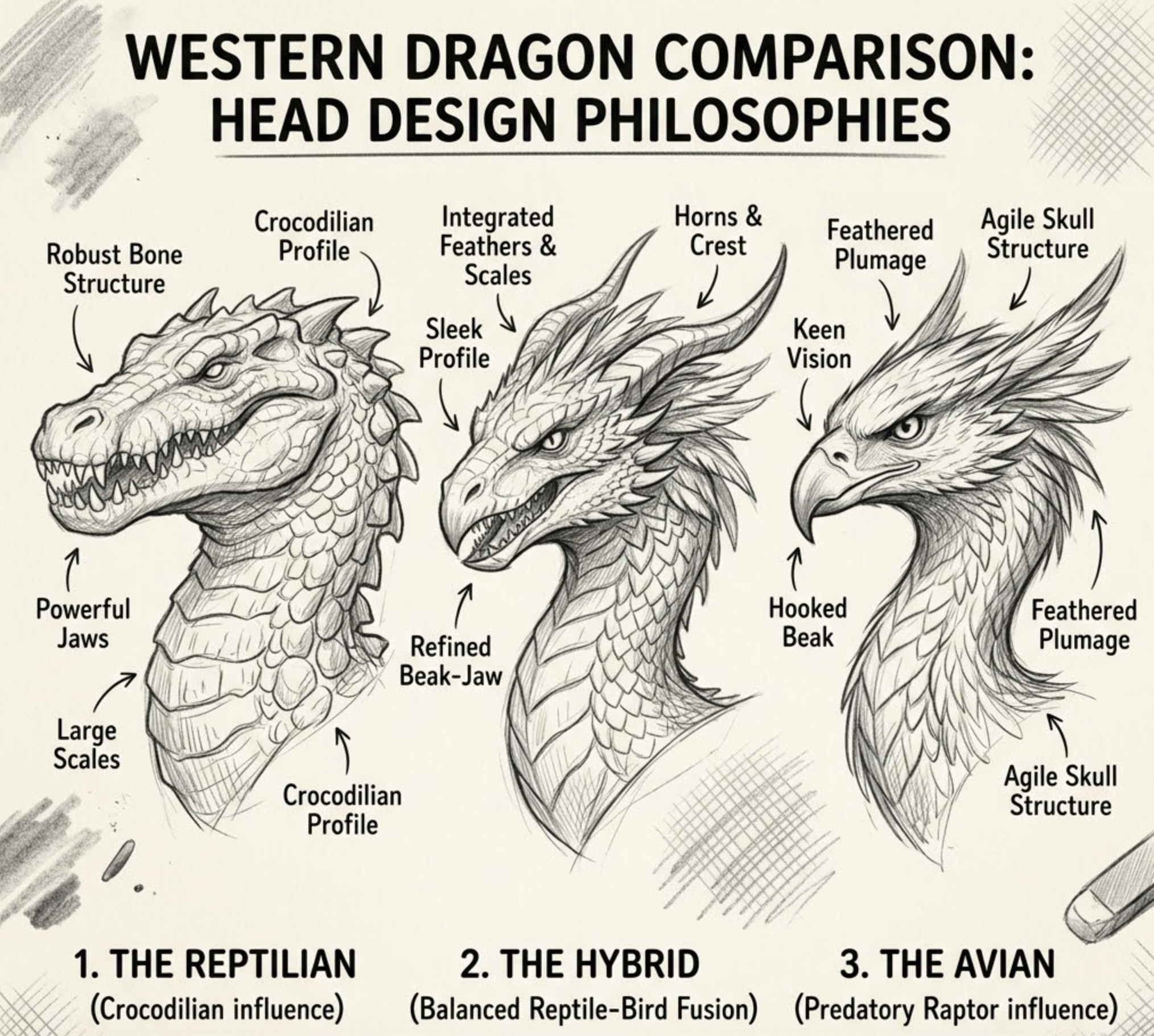 Illustrated comparison of three Western dragon head designs: reptilian, hybrid, avian labeled concept sketches