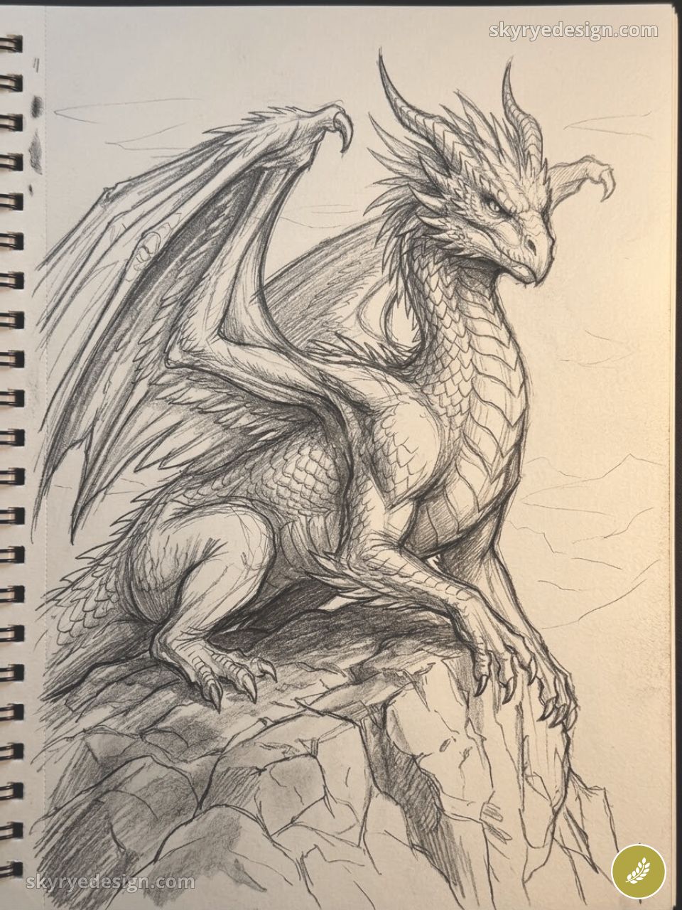 Dragon pencil sketch: detailed majestic dragon perched on a rocky cliff with spread wings