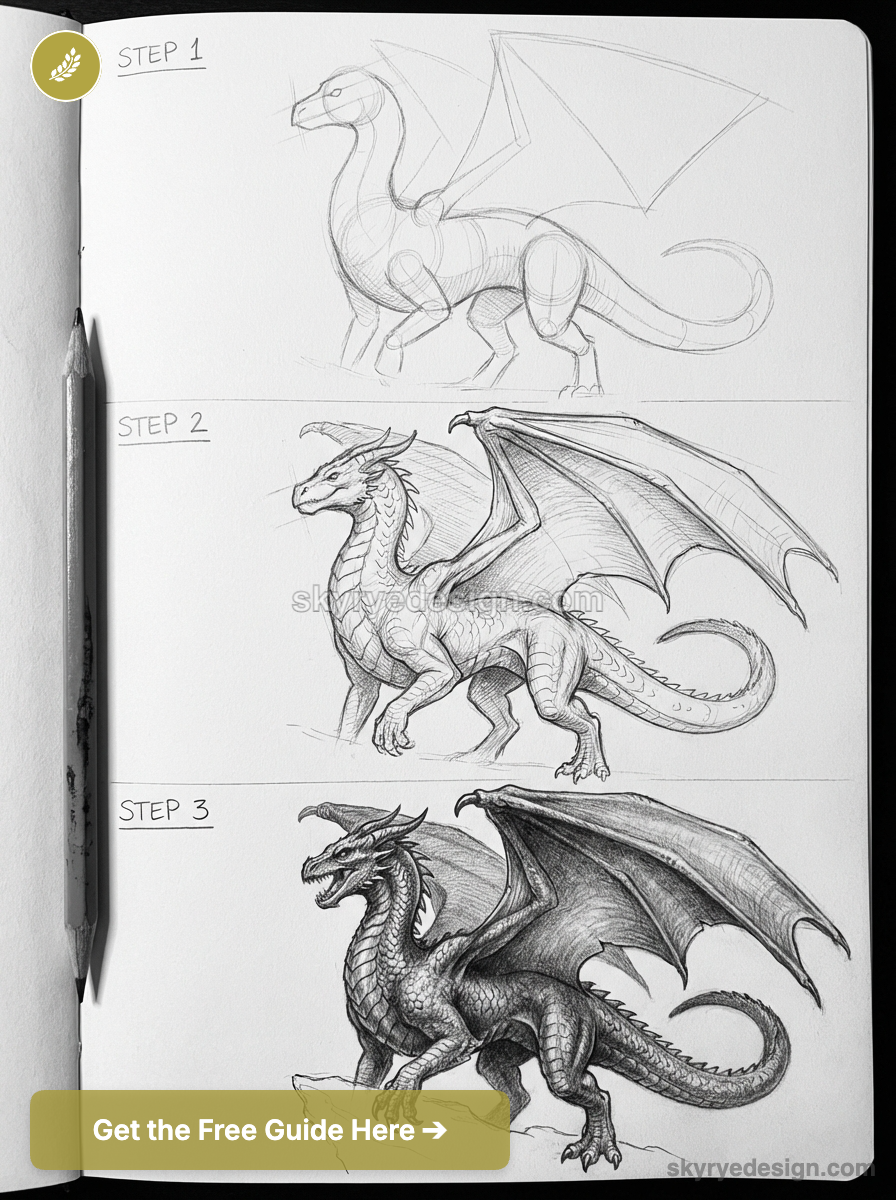 Dragon drawing tutorial: step-by-step pencil sketches in sketchbook, three stages from basic shapes to detailed shading