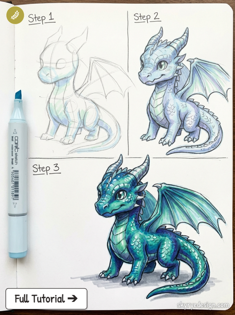 Step-by-step dragon drawing tutorial: chibi blue-green dragon from pencil sketch to full-color Copic marker illustration