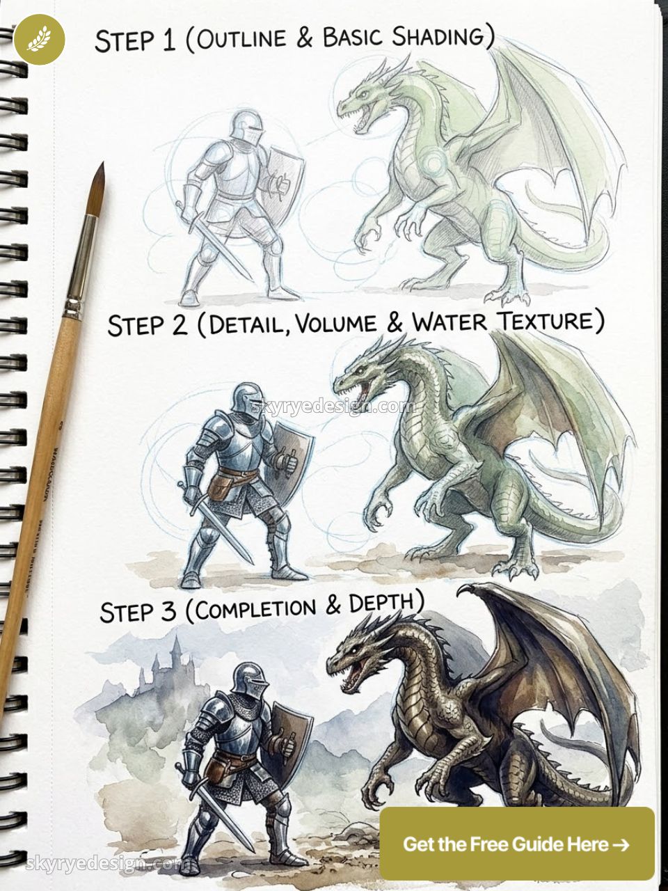 Step-by-step drawing tutorial showing knight and dragon sketches evolving from outline to detailed watercolor painting.