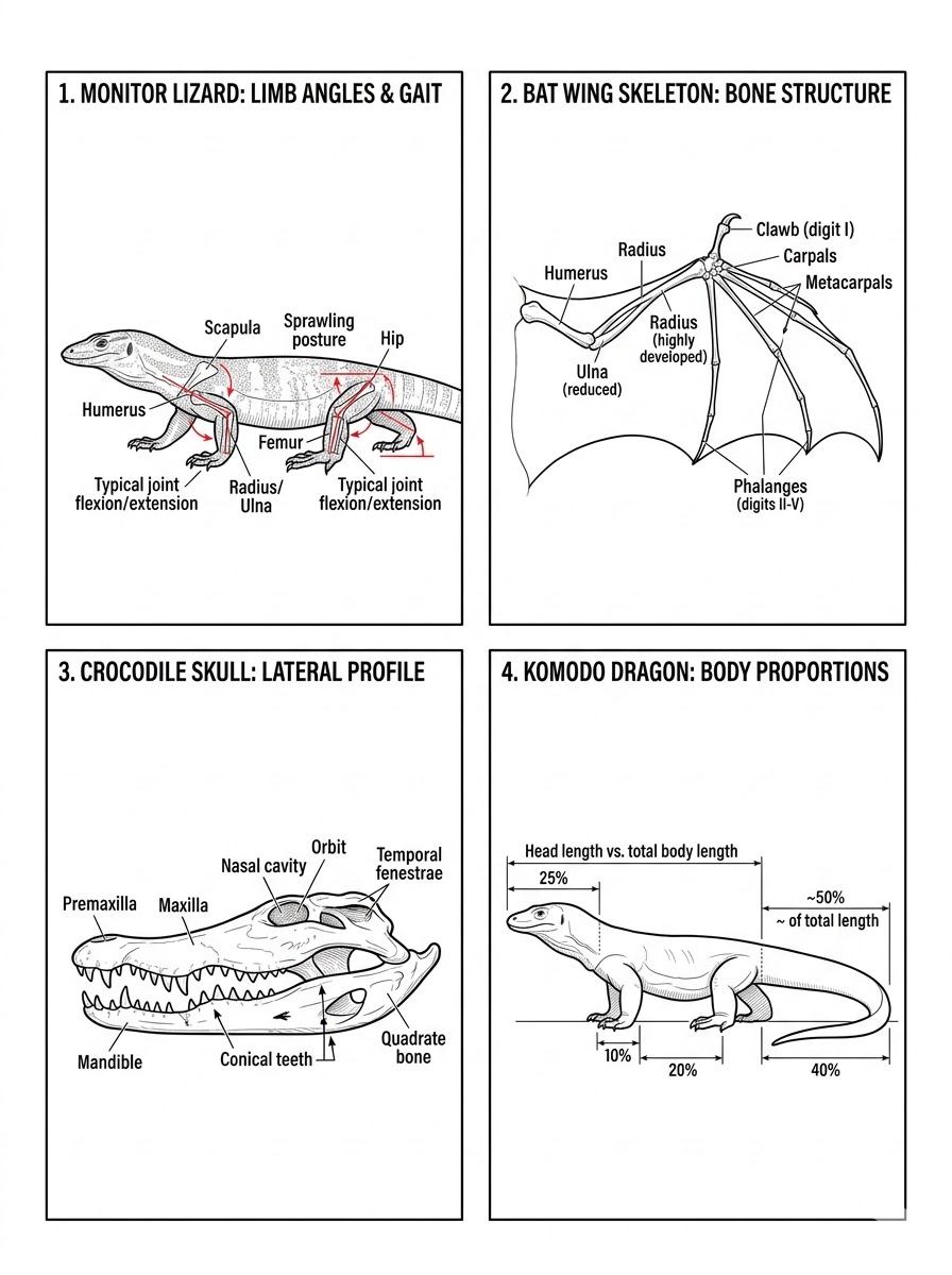 Anatomical diagrams: monitor lizard gait, bat wing skeleton, crocodile skull, Komodo dragon proportions