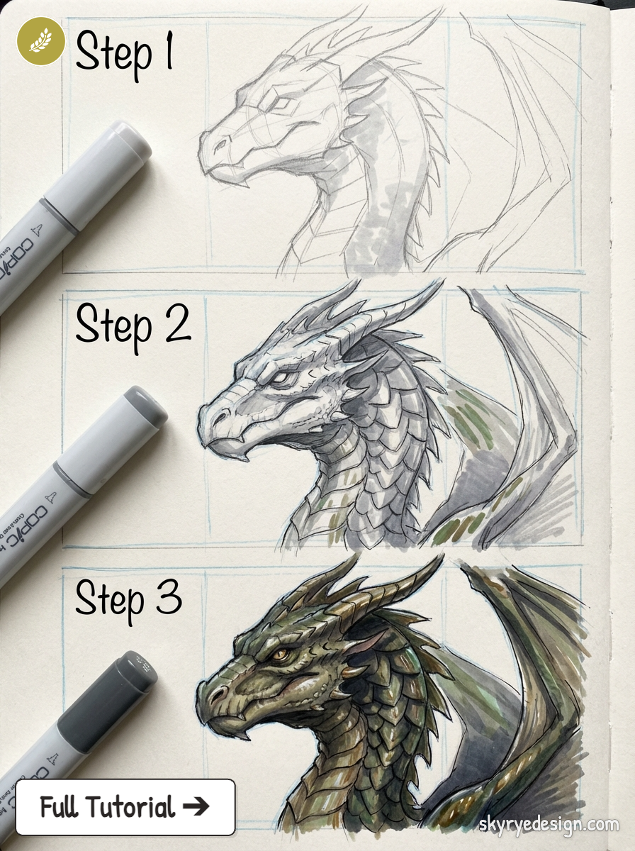 Dragon drawing tutorial: three-step progression from pencil sketch to shaded ink and full-color Copic marker illustration.