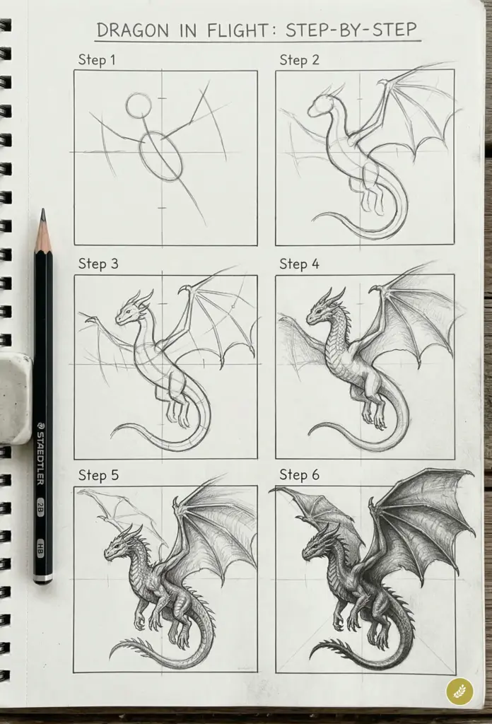 Six-step pencil sketch tutorial showing a flying dragon's development in a sketchbook, with pencil and eraser beside.
