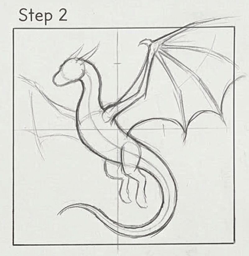 Step 2 pencil sketch of a flying dragon with outlined wings, body and tail on a gridded drawing guide
