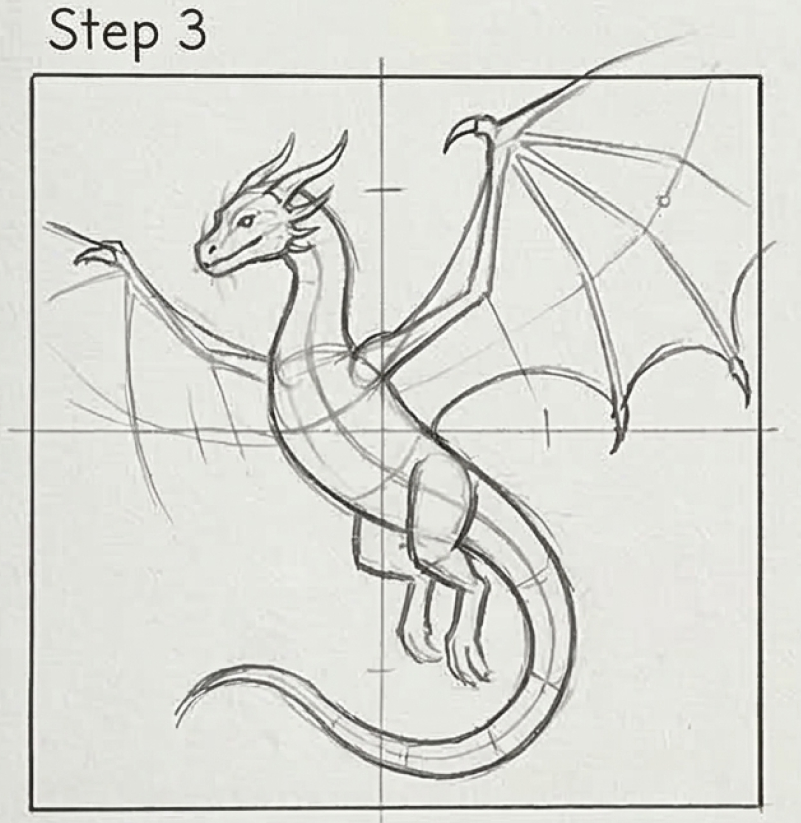 Step 3 pencil dragon sketch tutorial on grid showing wings, body, tail and construction lines